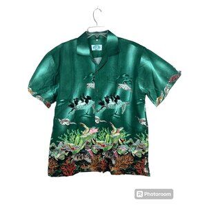 Men Graphic Coral Reef‎ Shirt Button Front XL Tropical Fish Hawaiian 100% Cotton
